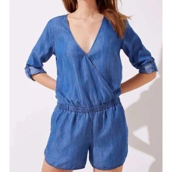 LOFT Romper Blue Size 10 Chambray Shorts Long Sleeve Roll Up - Picture 1 of 9